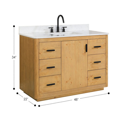 Perla 48" Single Bathroom Vanity in Natural Wood with Grain White Engineered Stone Countertop without Mirror