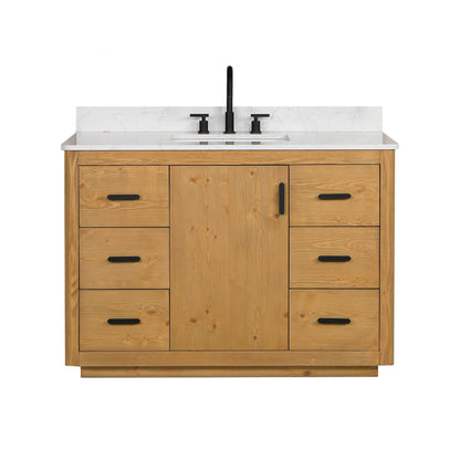 Perla 48" Single Bathroom Vanity in Natural Wood with Grain White Engineered Stone Countertop without Mirror