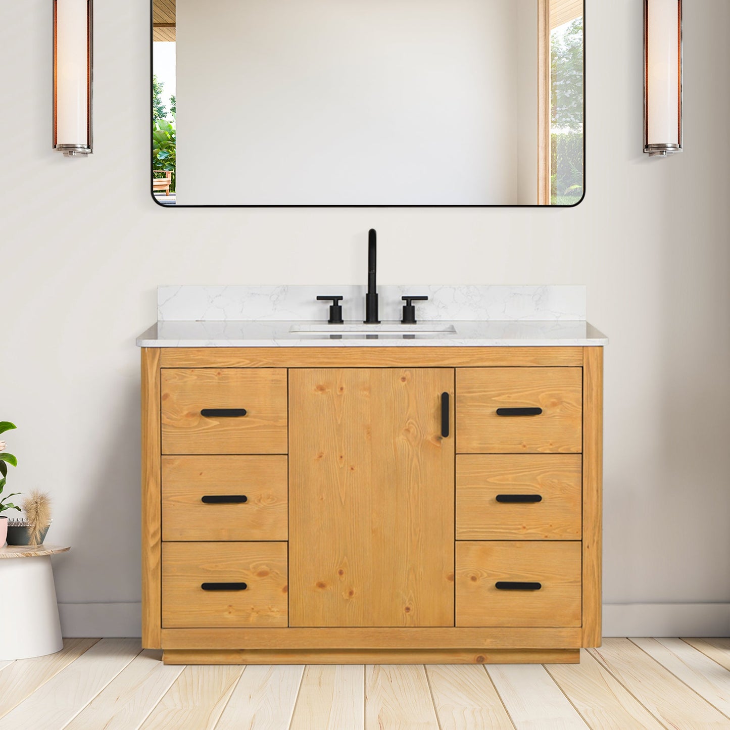 Perla 48" Single Bathroom Vanity in Natural Wood with Grain White Engineered Stone Countertop without Mirror