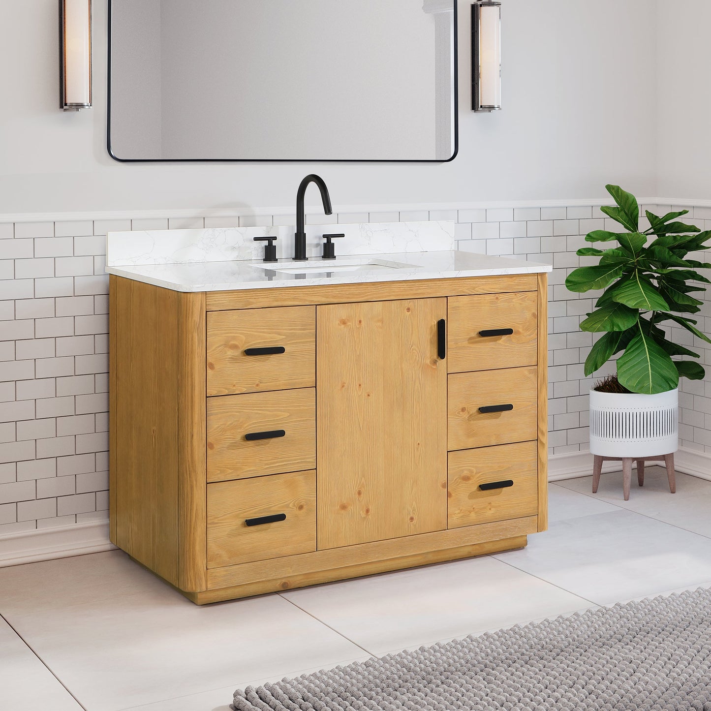 Perla 48" Single Bathroom Vanity in Natural Wood with Grain White Engineered Stone Countertop without Mirror