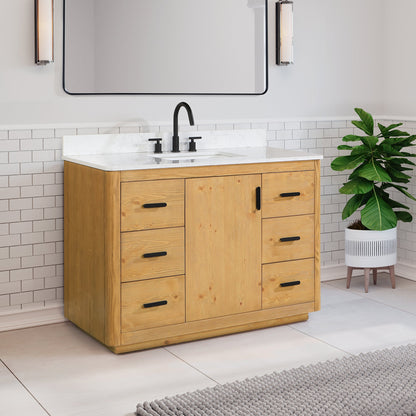 Perla 48" Single Bathroom Vanity in Natural Wood with Grain White Engineered Stone Countertop without Mirror