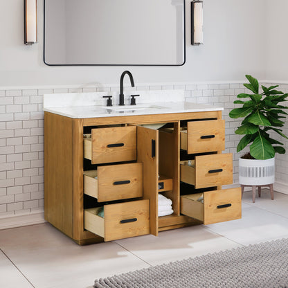 Perla 48" Single Bathroom Vanity in Natural Wood with Grain White Engineered Stone Countertop without Mirror