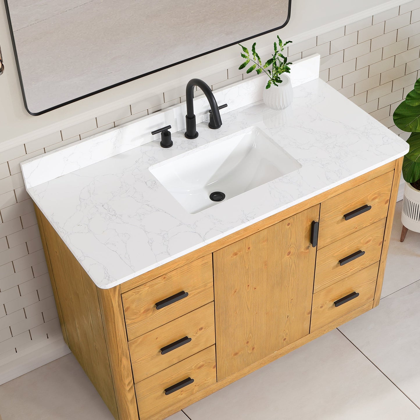 Perla 48" Single Bathroom Vanity in Natural Wood with Grain White Engineered Stone Countertop without Mirror