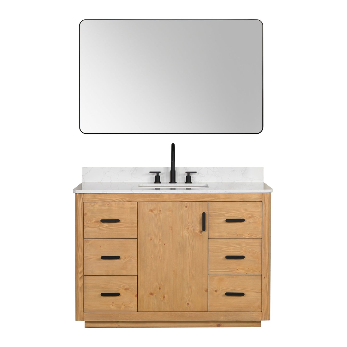 Perla 48" Single Bathroom Vanity in Natural Wood with Grain White Engineered Stone Countertop with Mirror