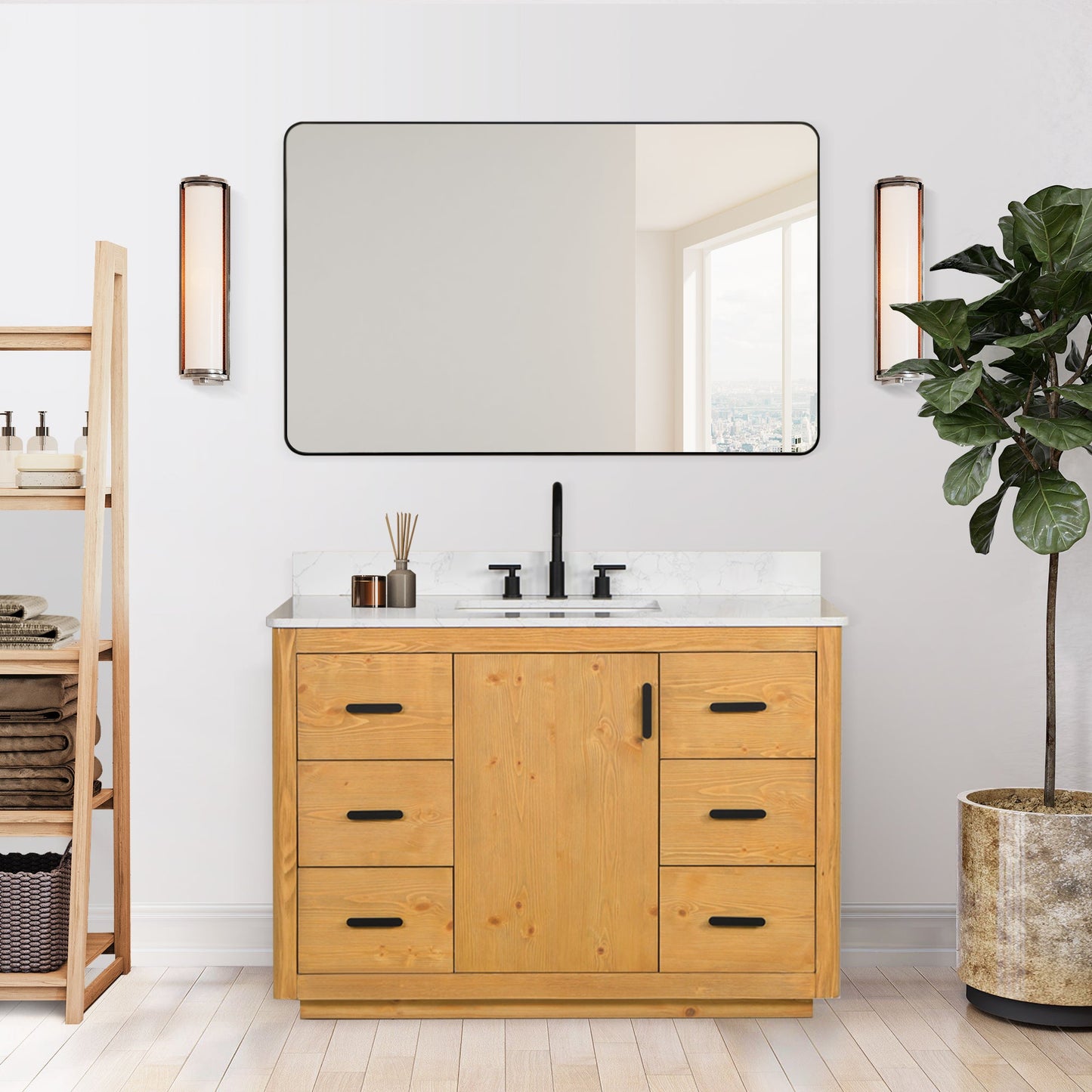 Perla 48" Single Bathroom Vanity in Natural Wood with Grain White Engineered Stone Countertop with Mirror