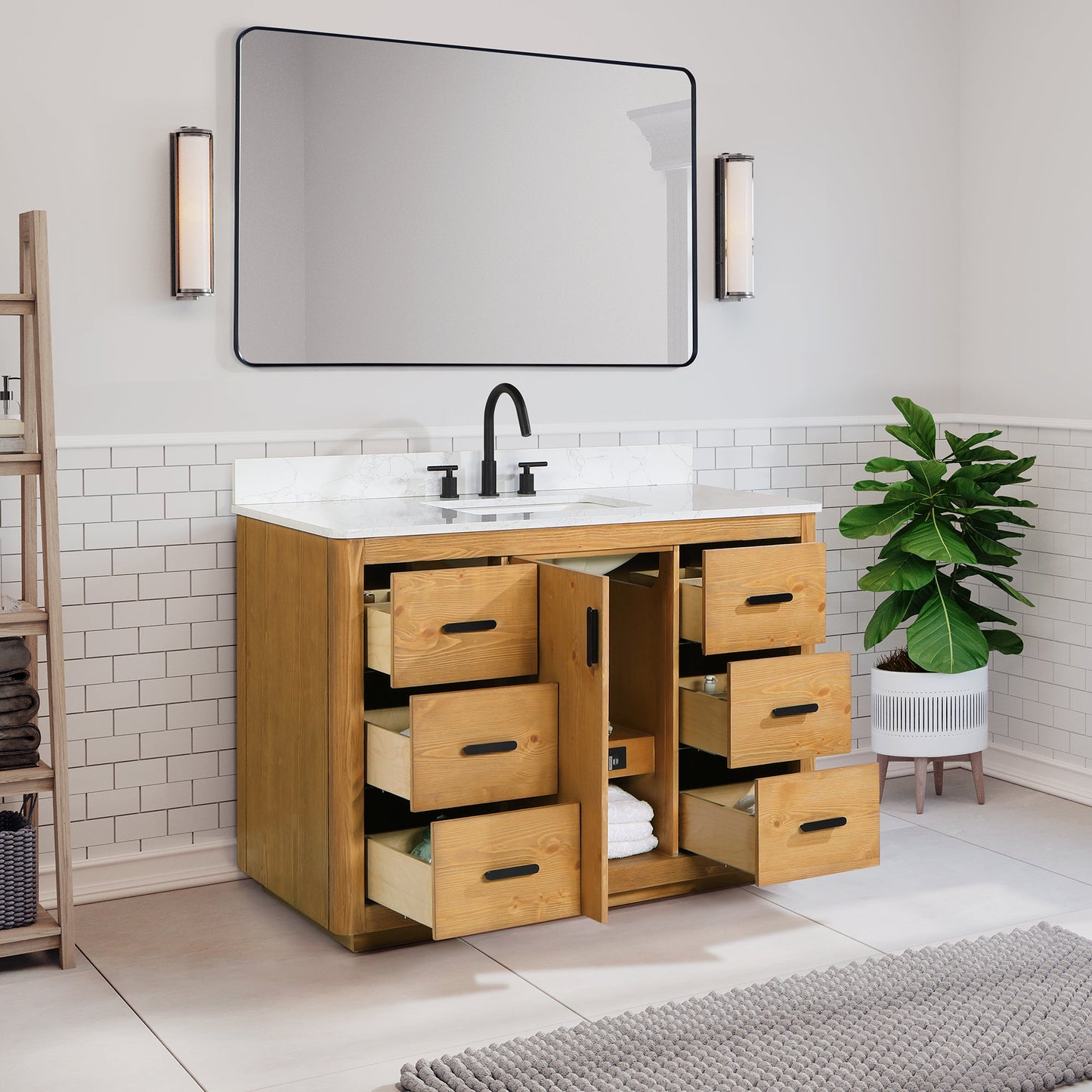 Perla 48" Single Bathroom Vanity in Natural Wood with Grain White Engineered Stone Countertop with Mirror