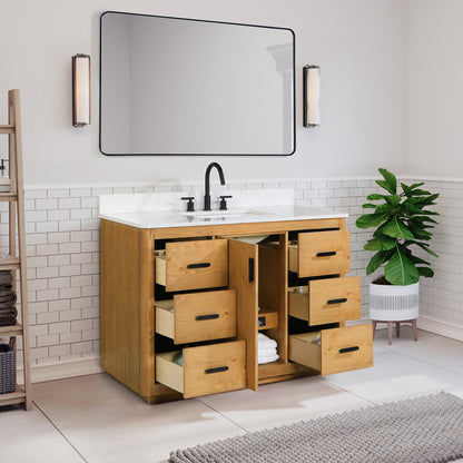 Perla 48" Single Bathroom Vanity in Natural Wood with Grain White Engineered Stone Countertop with Mirror