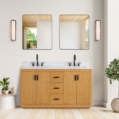 Perla 60" Double Bathroom Vanity in Natural Wood with Grain White Engineered Stone Countertop without Mirror