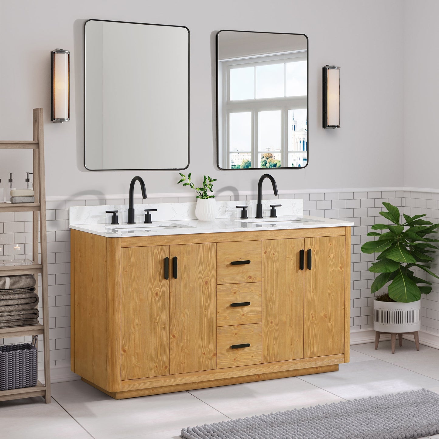 Perla 60" Double Bathroom Vanity in Natural Wood with Grain White Engineered Stone Countertop without Mirror