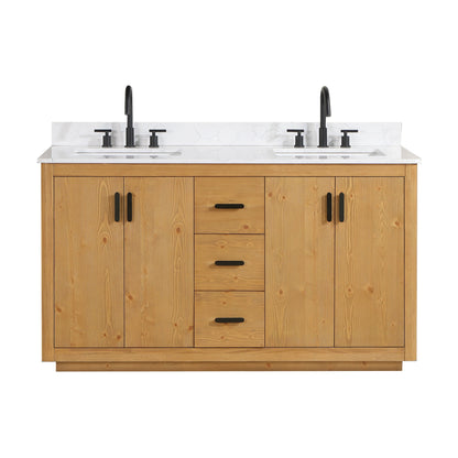 Perla 60" Double Bathroom Vanity in Natural Wood with Grain White Engineered Stone Countertop without Mirror