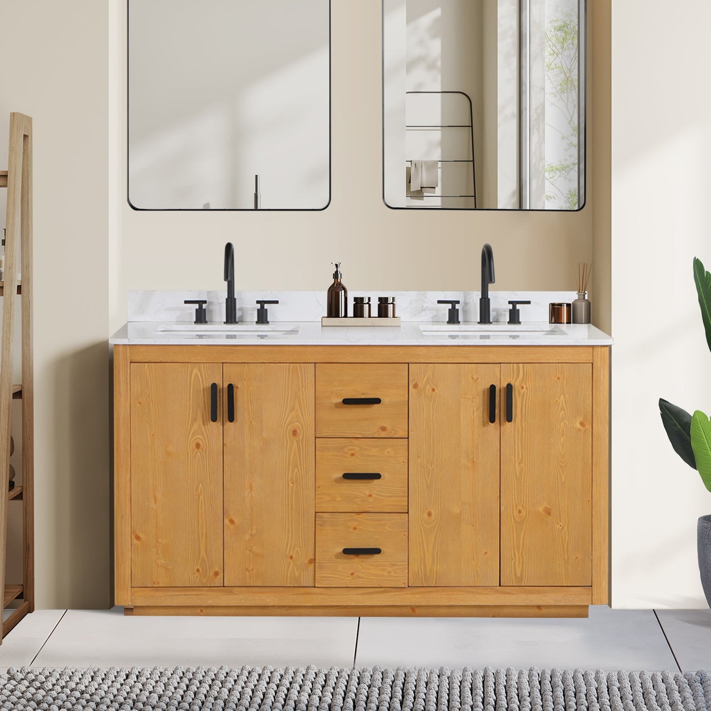 Perla 60" Double Bathroom Vanity in Natural Wood with Grain White Engineered Stone Countertop without Mirror