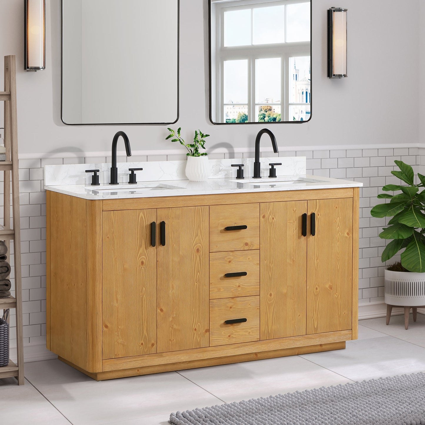 Perla 60" Double Bathroom Vanity in Natural Wood with Grain White Engineered Stone Countertop without Mirror