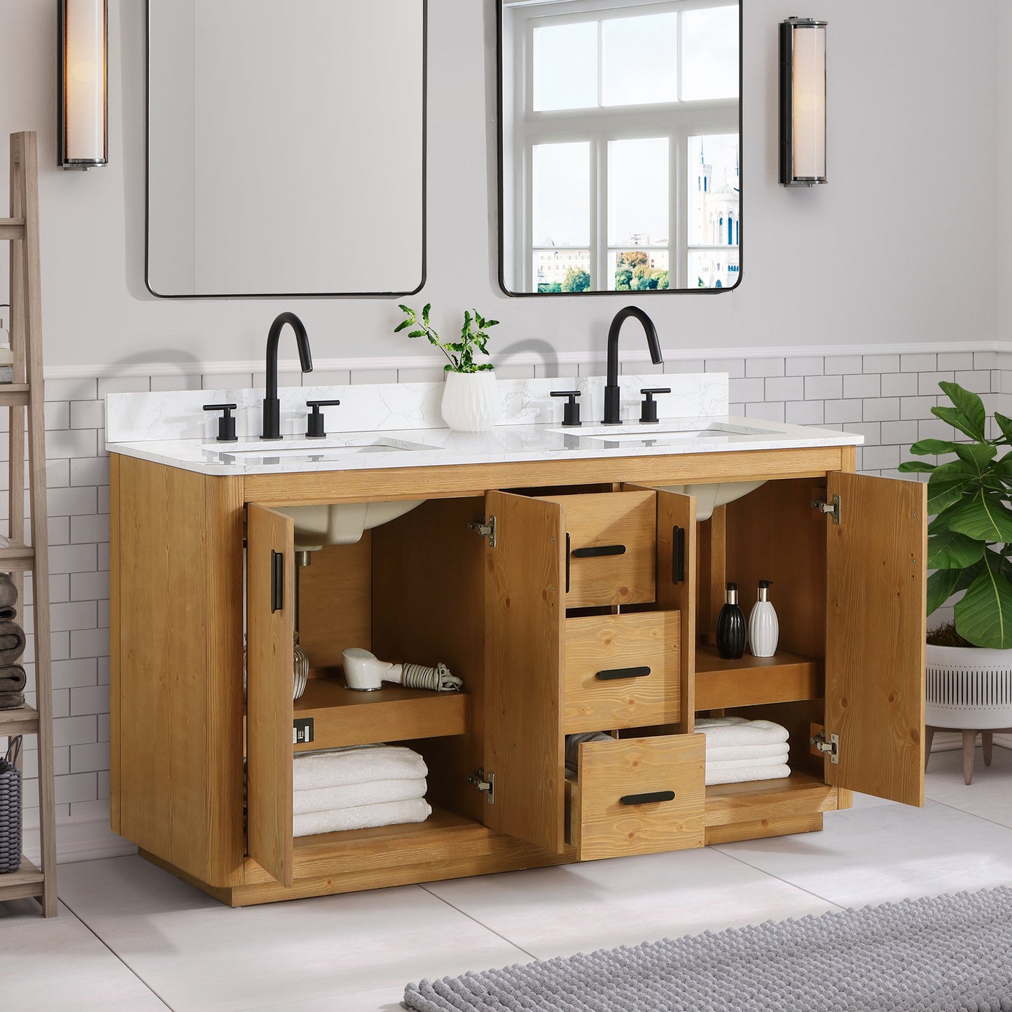 Perla 60" Double Bathroom Vanity in Natural Wood with Grain White Engineered Stone Countertop without Mirror