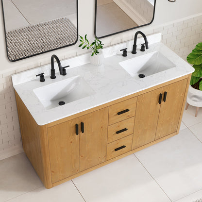 Perla 60" Double Bathroom Vanity in Natural Wood with Grain White Engineered Stone Countertop without Mirror