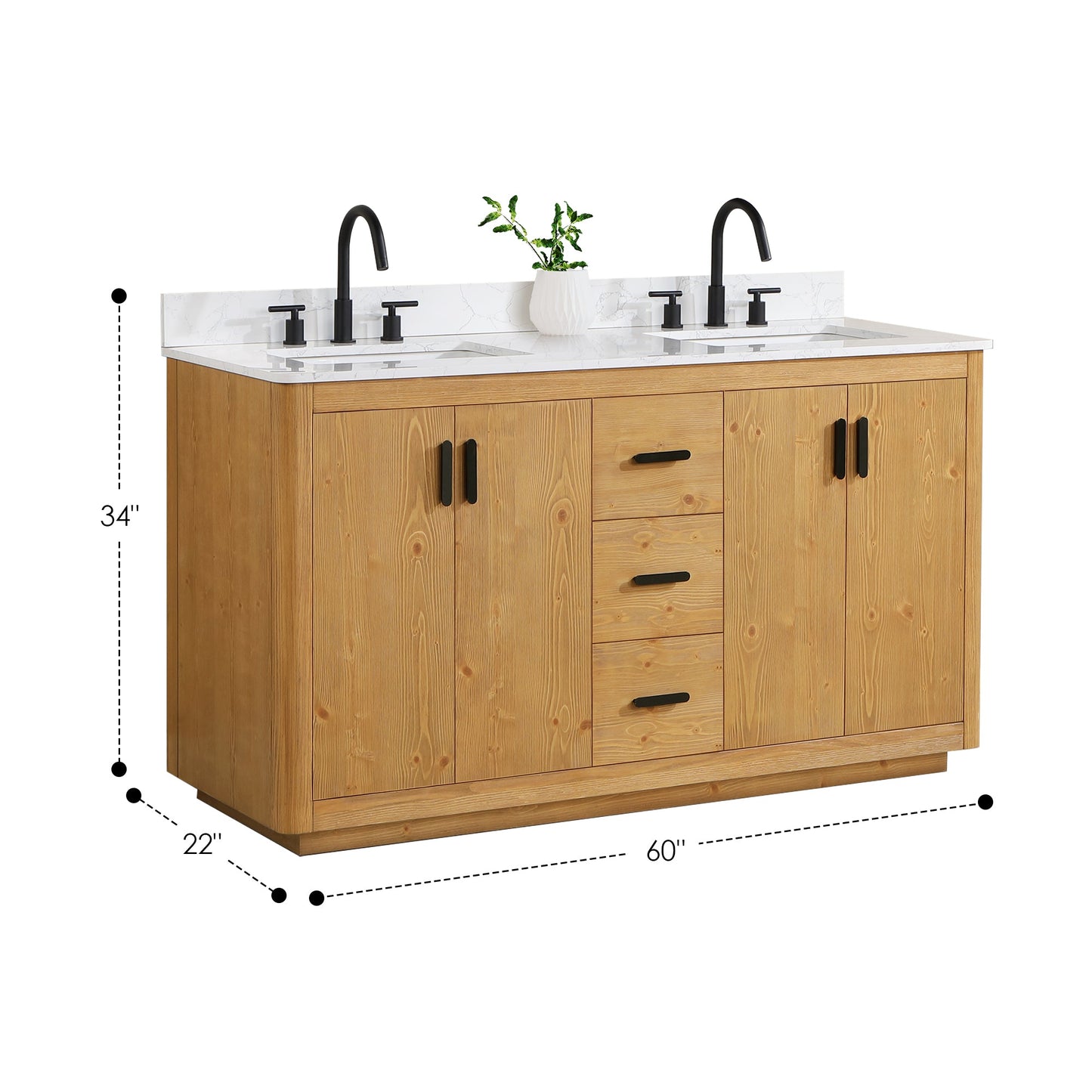 Perla 60" Double Bathroom Vanity in Natural Wood with Grain White Engineered Stone Countertop with Mirror