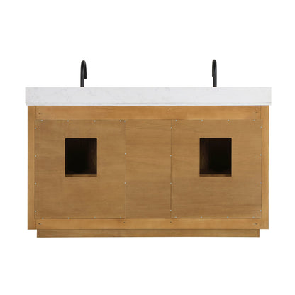 Perla 60" Double Bathroom Vanity in Natural Wood with Grain White Engineered Stone Countertop with Mirror
