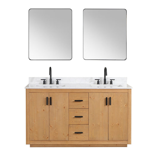 Perla 60" Double Bathroom Vanity in Natural Wood with Grain White Engineered Stone Countertop with Mirror