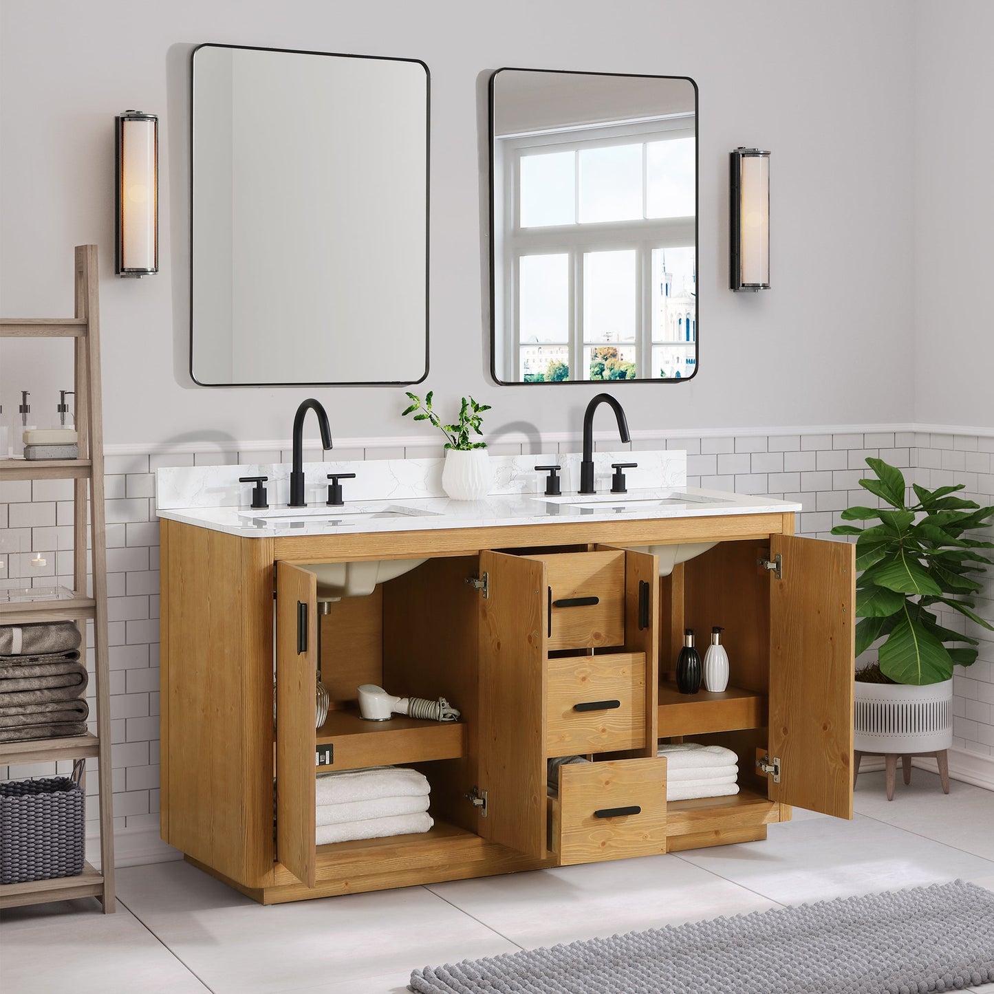 Perla 60" Double Bathroom Vanity in Natural Wood with Grain White Engineered Stone Countertop with Mirror