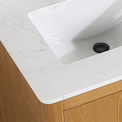 Perla 60" Double Bathroom Vanity in Natural Wood with Grain White Engineered Stone Countertop with Mirror