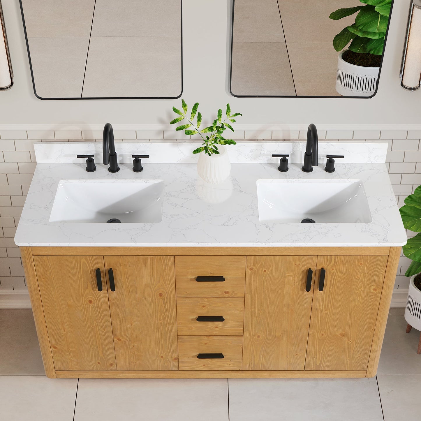 Perla 60" Double Bathroom Vanity in Natural Wood with Grain White Engineered Stone Countertop with Mirror