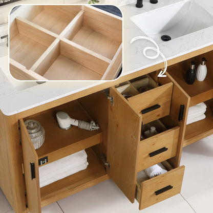 Perla 60" Double Bathroom Vanity in Natural Wood with Grain White Engineered Stone Countertop with Mirror
