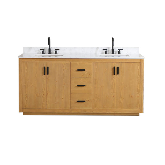 Perla 72" Double Bathroom Vanity in Natural Wood with Grain White Engineered Stone Countertop without Mirror