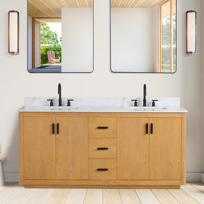 Perla 72" Double Bathroom Vanity in Natural Wood with Grain White Engineered Stone Countertop without Mirror