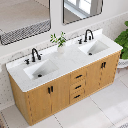 Perla 72" Double Bathroom Vanity in Natural Wood with Grain White Engineered Stone Countertop without Mirror