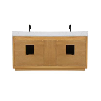 Perla 72" Double Bathroom Vanity in Natural Wood with Grain White Engineered Stone Countertop with Mirror
