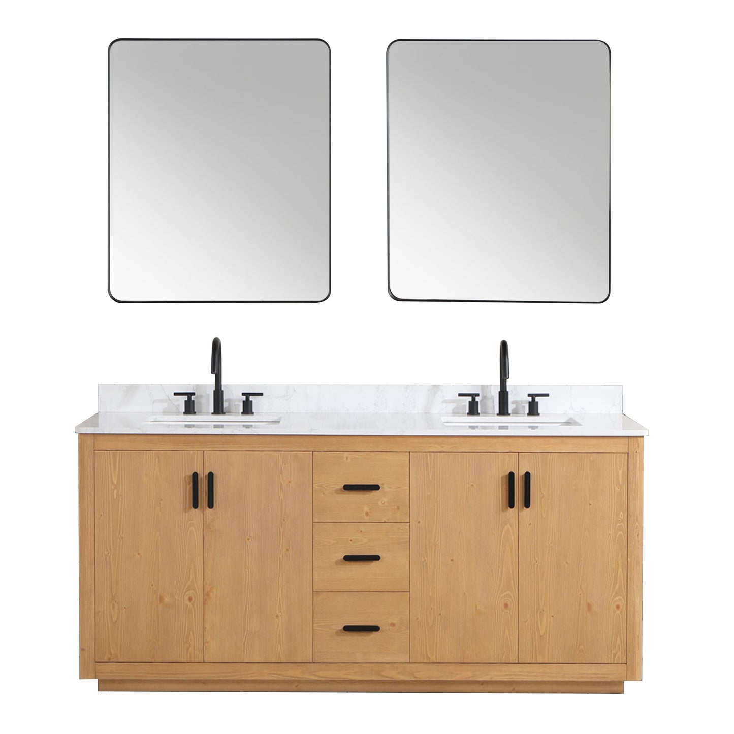 Perla 72" Double Bathroom Vanity in Natural Wood with Grain White Engineered Stone Countertop with Mirror