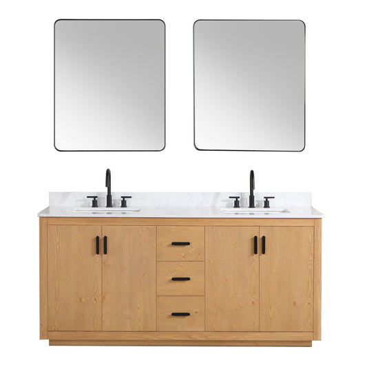 Perla 72" Double Bathroom Vanity in Natural Wood with Grain White Engineered Stone Countertop with Mirror