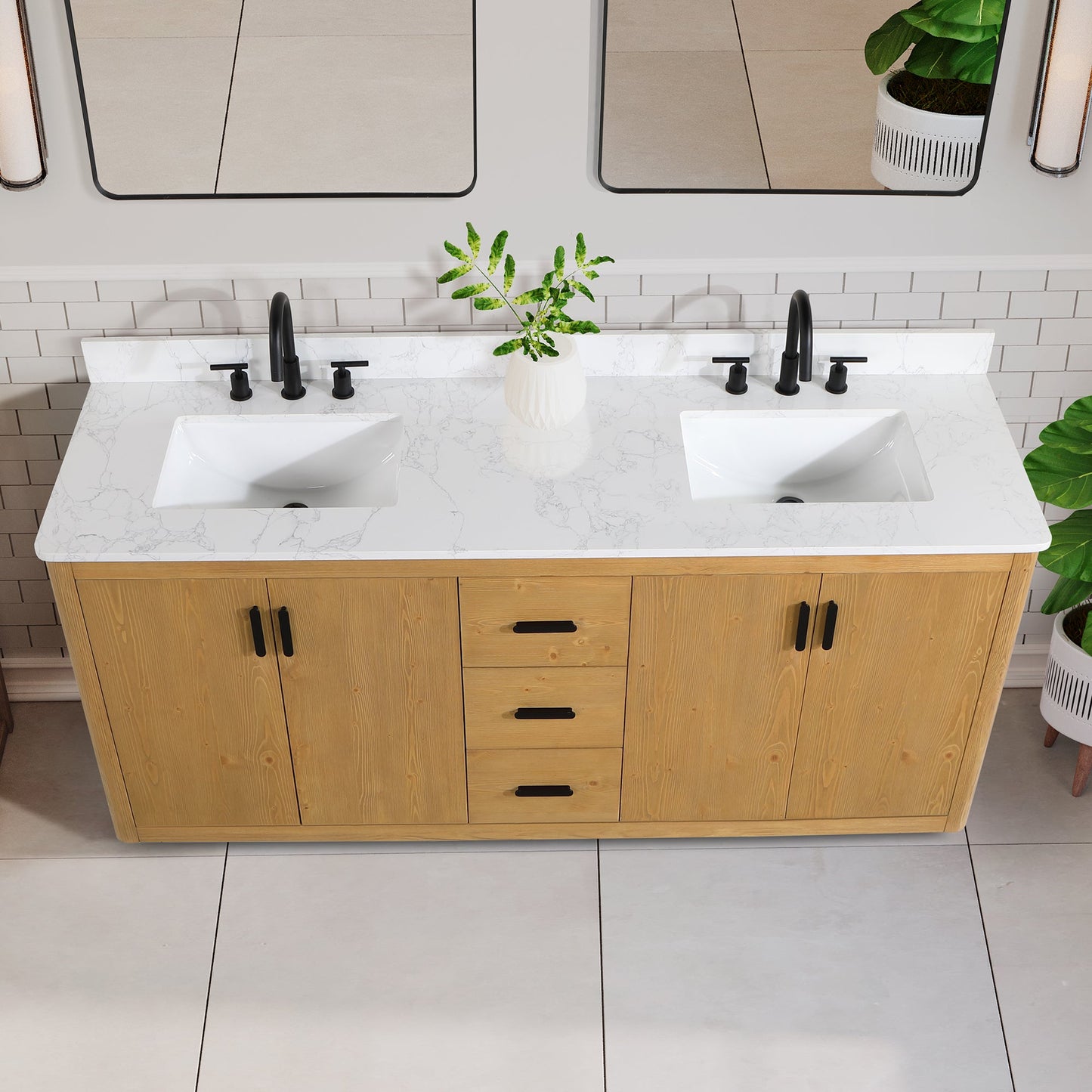 Perla 72" Double Bathroom Vanity in Natural Wood with Grain White Engineered Stone Countertop with Mirror