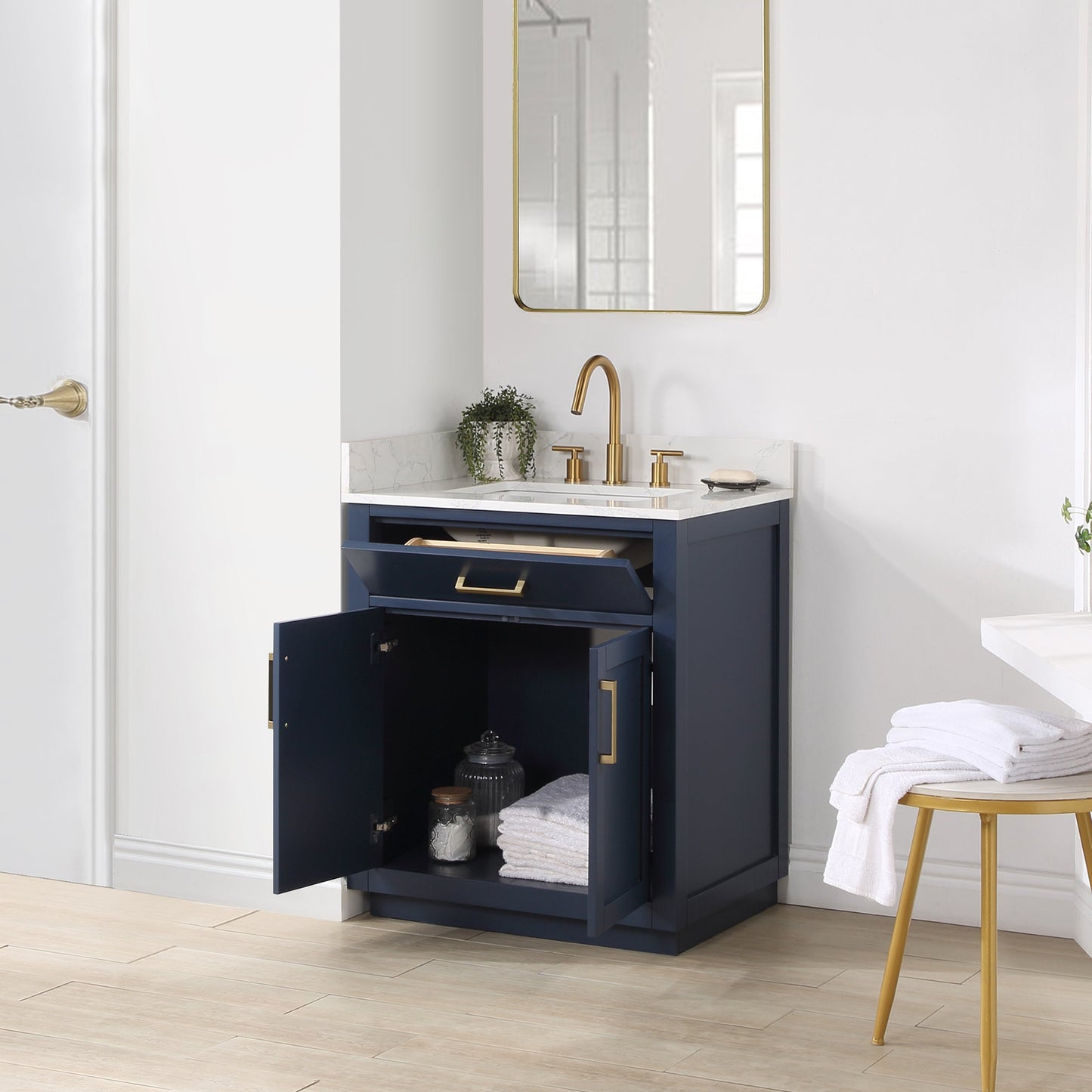 Gavino 30" Single Bathroom Vanity in Royal Blue with Grain White Engineered Stone Countertop without Mirror