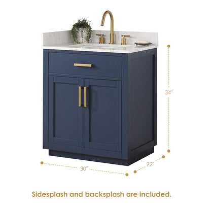 Gavino 30" Single Bathroom Vanity in Royal Blue with Grain White Engineered Stone Countertop with Mirror