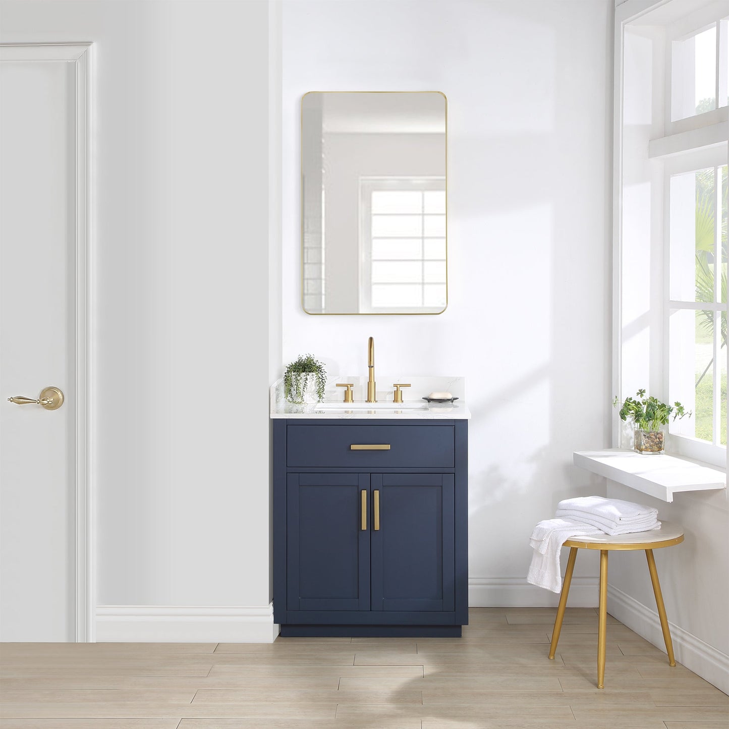 Gavino 30" Single Bathroom Vanity in Royal Blue with Grain White Engineered Stone Countertop with Mirror