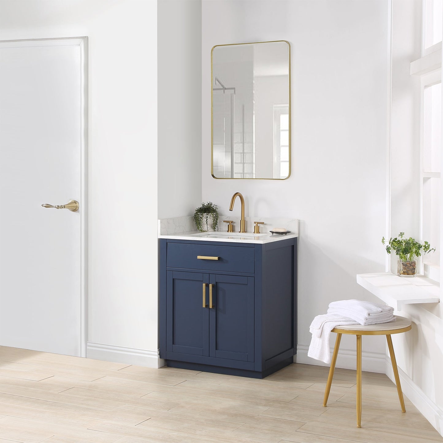 Gavino 30" Single Bathroom Vanity in Royal Blue with Grain White Engineered Stone Countertop with Mirror