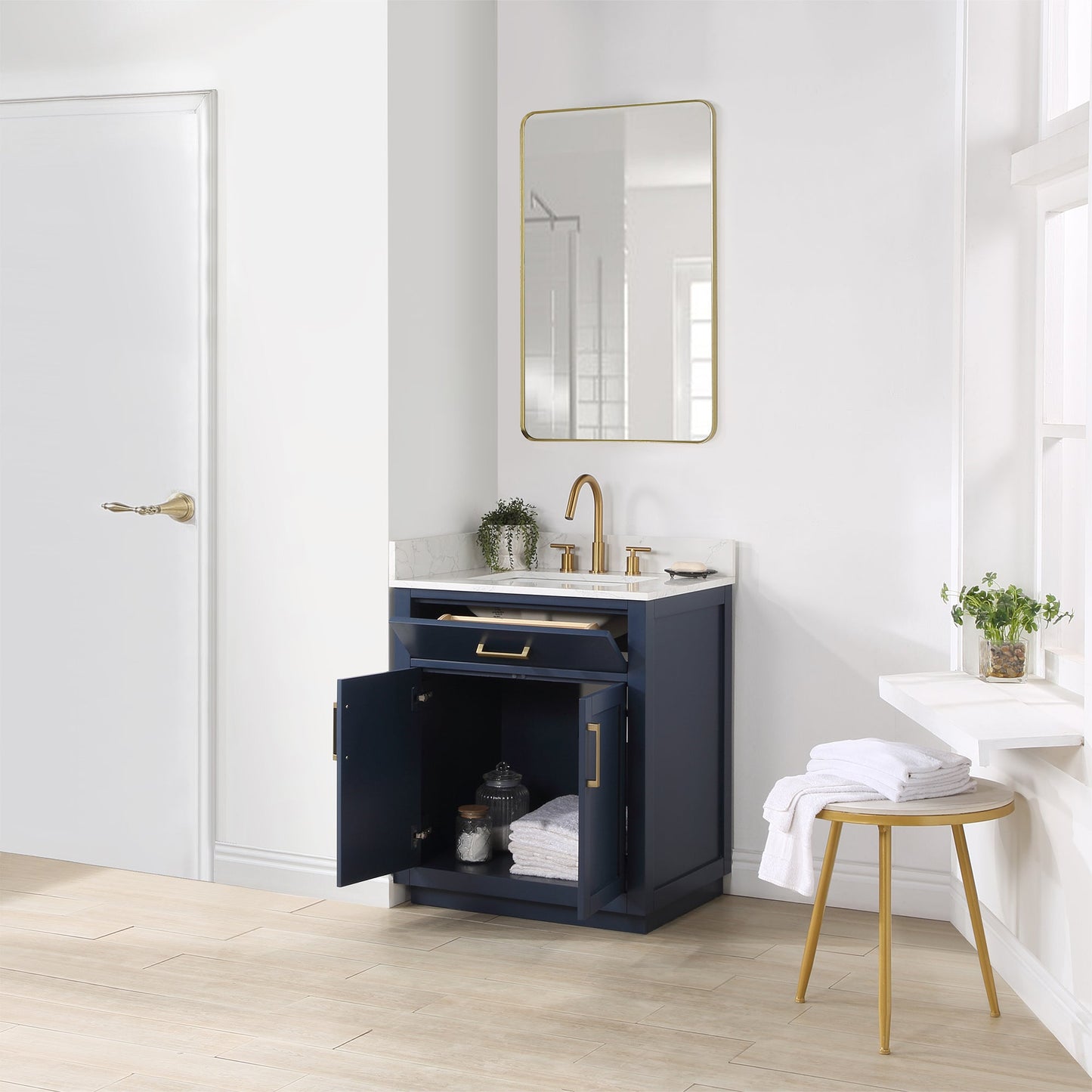 Gavino 30" Single Bathroom Vanity in Royal Blue with Grain White Engineered Stone Countertop with Mirror