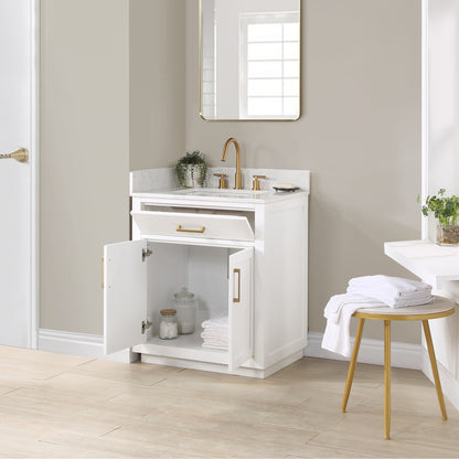 Gavino 30" Single Bathroom Vanity in White with Grain White Engineered Stone Countertop without Mirror