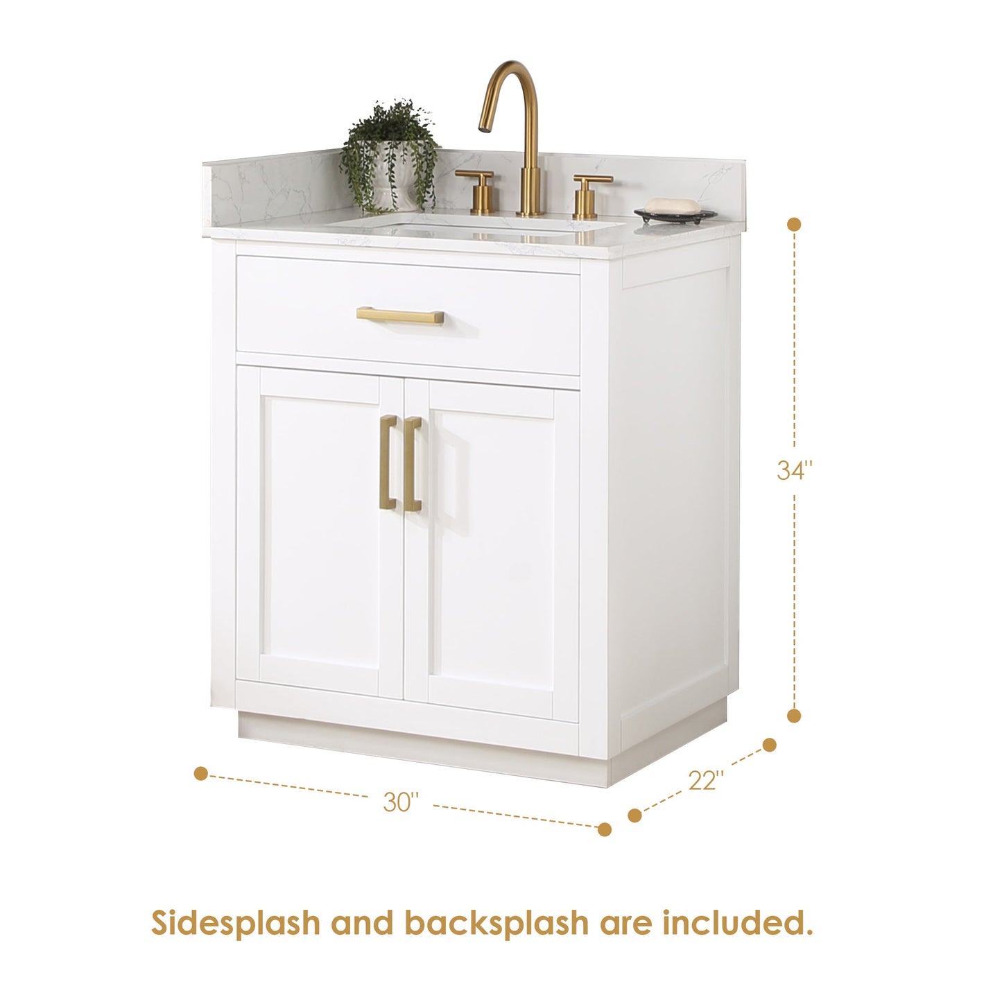 Gavino 30" Single Bathroom Vanity in White with Grain White Engineered Stone Countertop with Mirror