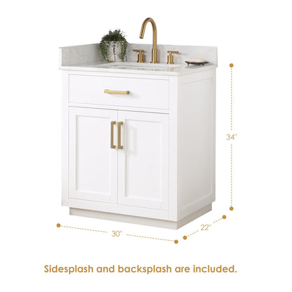 Gavino 30" Single Bathroom Vanity in White with Grain White Engineered Stone Countertop with Mirror