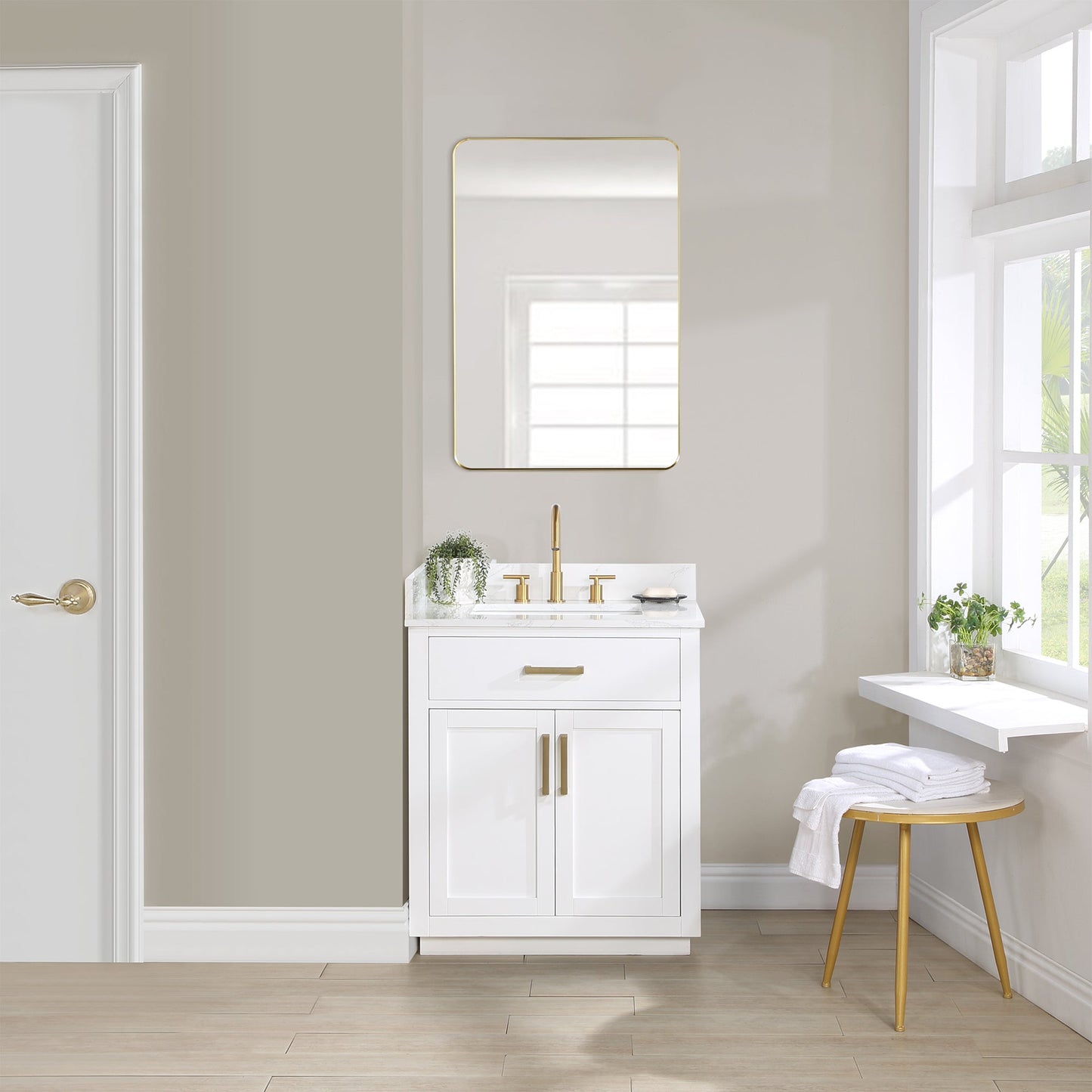 Gavino 30" Single Bathroom Vanity in White with Grain White Engineered Stone Countertop with Mirror