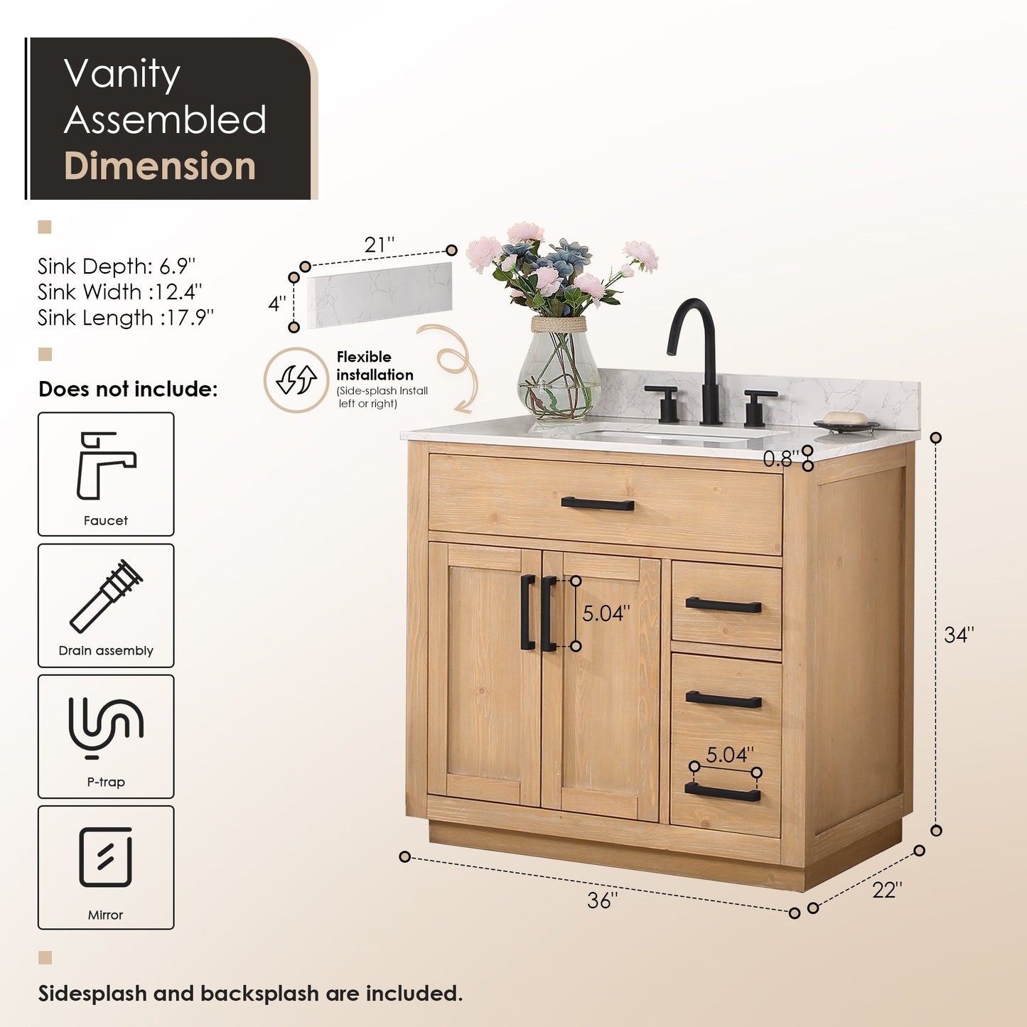 Gavino 36" Single Bathroom Vanity in Light Brown with Grain White Engineered Stone Countertop without Mirror