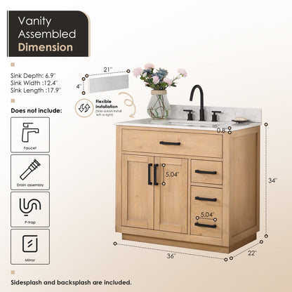 Gavino 36" Single Bathroom Vanity in Light Brown with Grain White Engineered Stone Countertop without Mirror