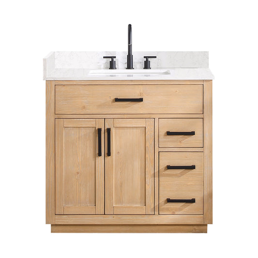 Gavino 36" Single Bathroom Vanity in Light Brown with Grain White Engineered Stone Countertop without Mirror
