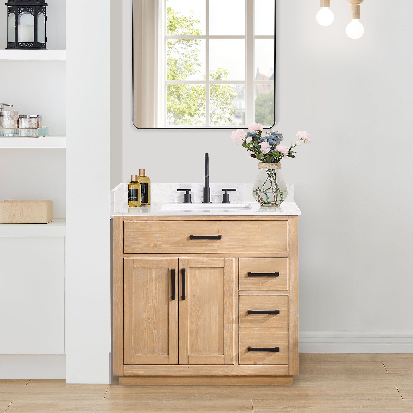 Gavino 36" Single Bathroom Vanity in Light Brown with Grain White Engineered Stone Countertop without Mirror
