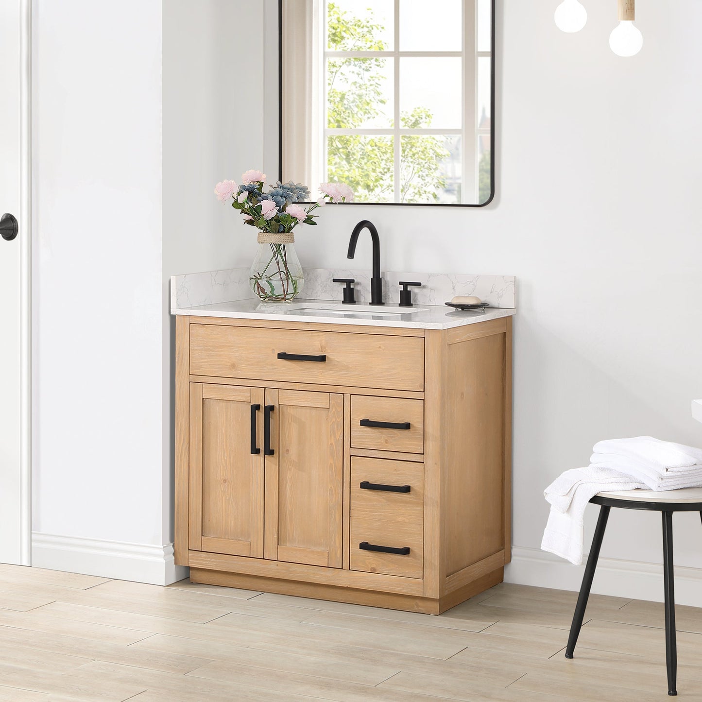 Gavino 36" Single Bathroom Vanity in Light Brown with Grain White Engineered Stone Countertop without Mirror