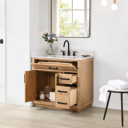 Gavino 36" Single Bathroom Vanity in Light Brown with Grain White Engineered Stone Countertop without Mirror