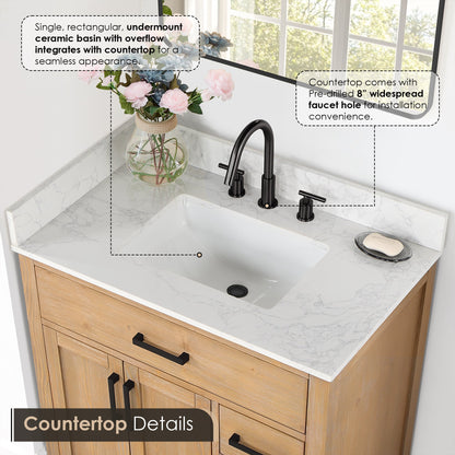 Gavino 36" Single Bathroom Vanity in Light Brown with Grain White Engineered Stone Countertop without Mirror