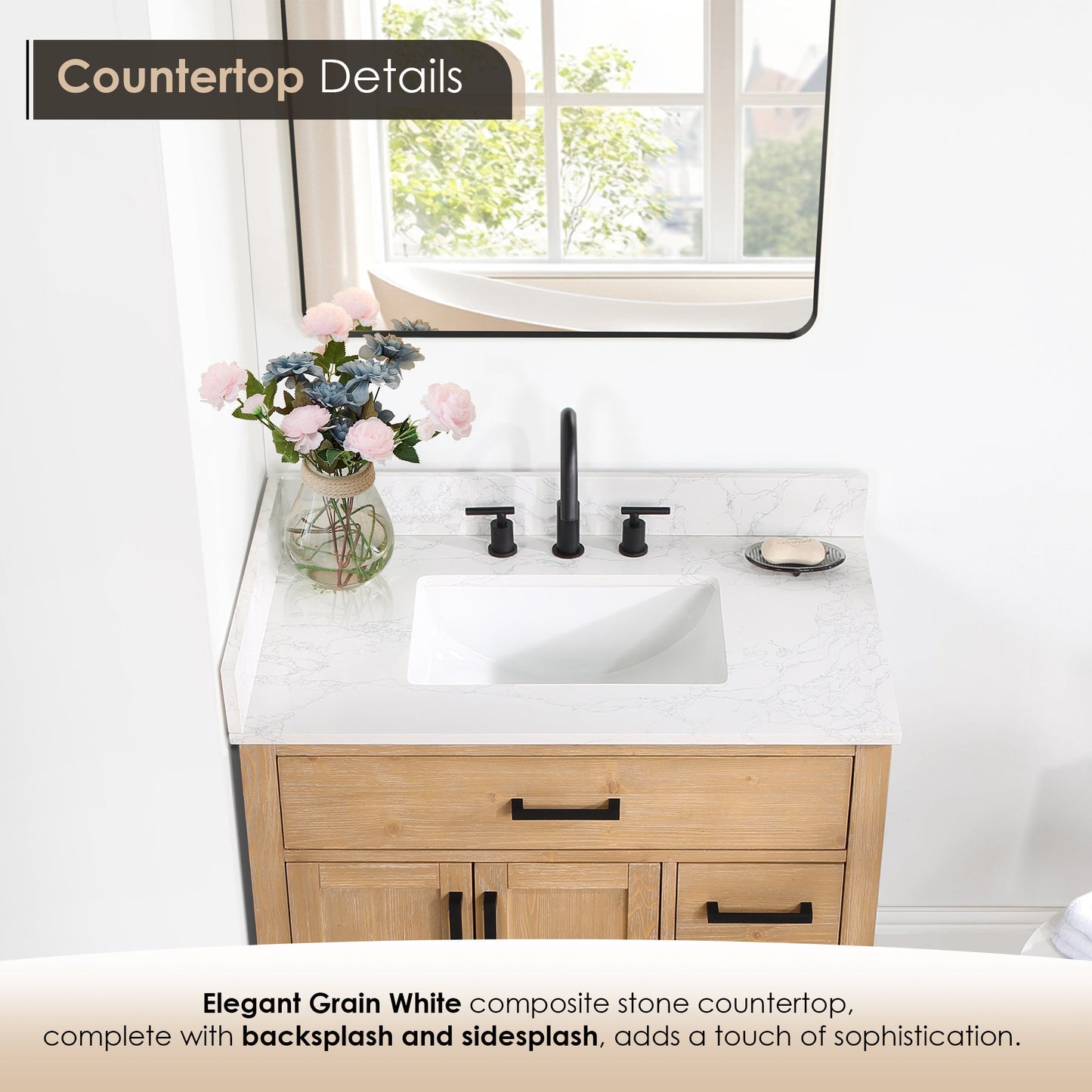 Gavino 36" Single Bathroom Vanity in Light Brown with Grain White Engineered Stone Countertop without Mirror