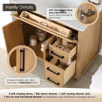 Gavino 36" Single Bathroom Vanity in Light Brown with Grain White Engineered Stone Countertop without Mirror